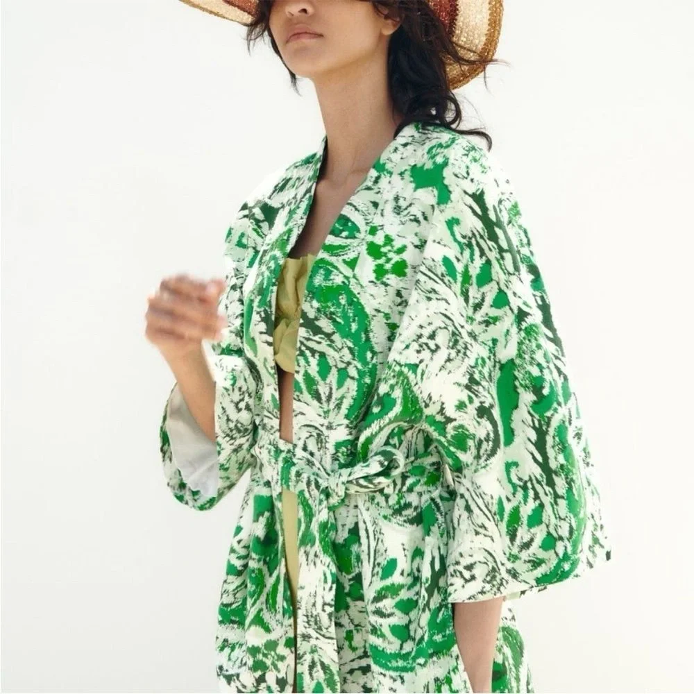 ZARA Linen Blend Printed Kimono Printed ✨ White + Green Size M/L - Picture 8 of 15